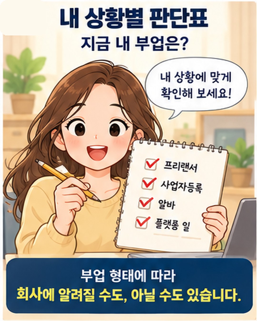 내 상황별 판단표 — 프리랜서, 사업자등록, 알바, 플랫폼 일 네 가지 부업 형태에 따라 회사에 알려질 수도, 아닐 수도 있음