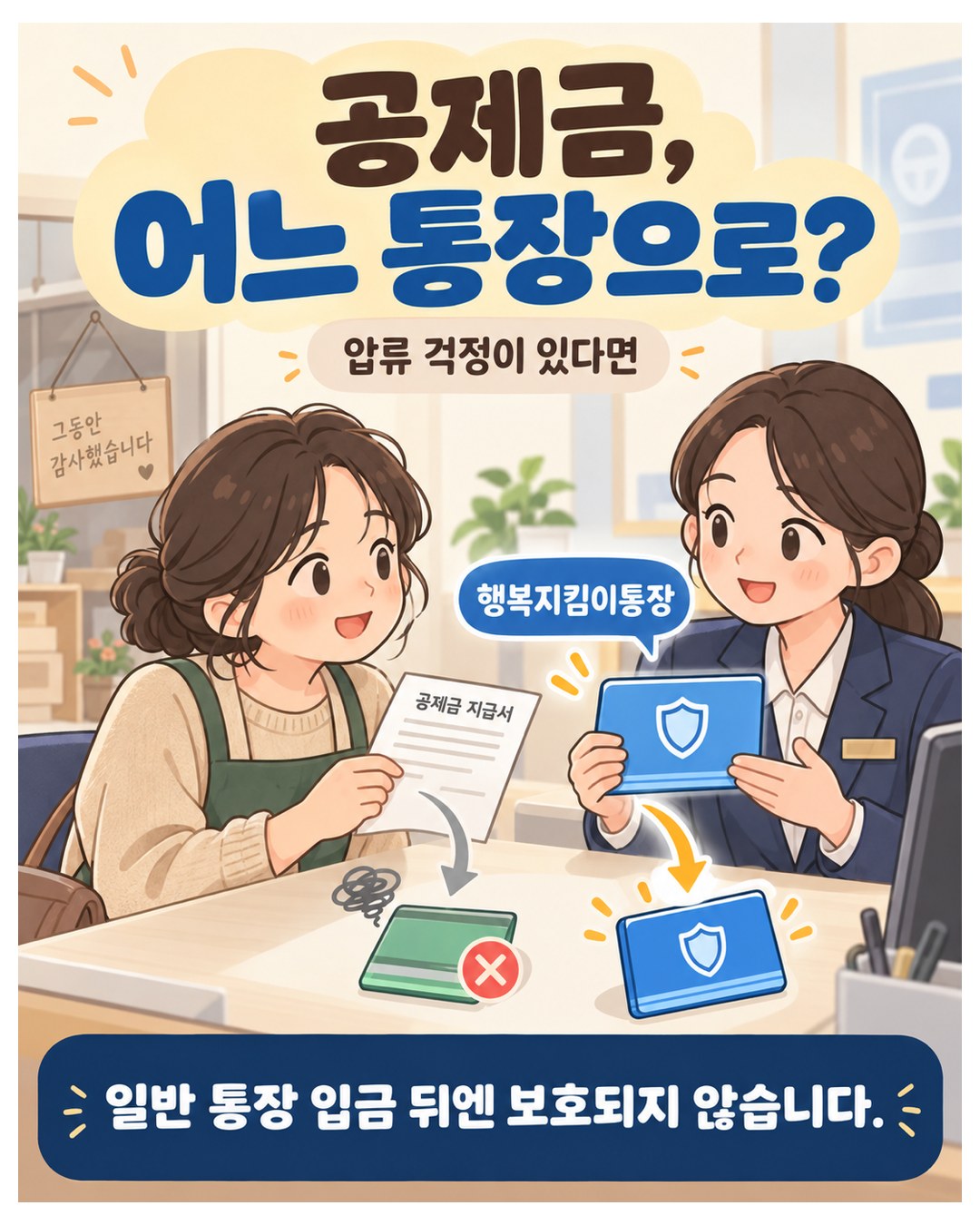 공제금, 어느 통장으로 — 압류 걱정이 있다면 행복지킴이통장으로 받음. 일반 통장에 입금된 뒤에는 보호되지 않음