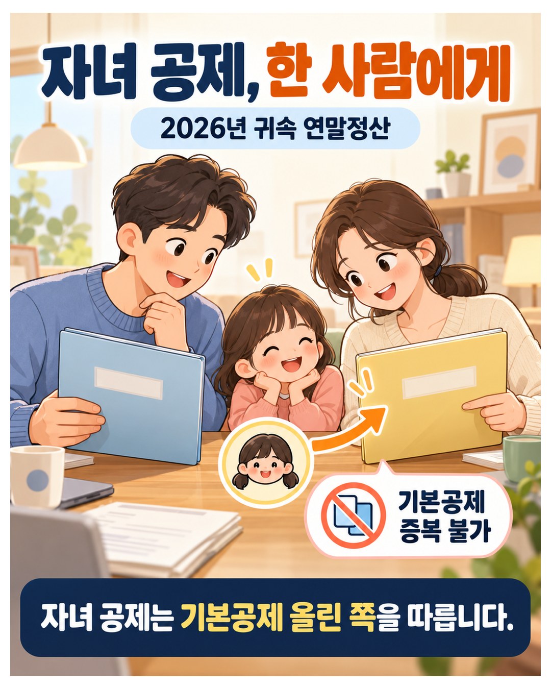 자녀 공제, 한 사람에게 — 2026년 귀속 연말정산. 자녀 기본공제는 부부 중 한 사람만 받고(중복 불가), 자녀 공제는 기본공제를 올린 쪽을 따름