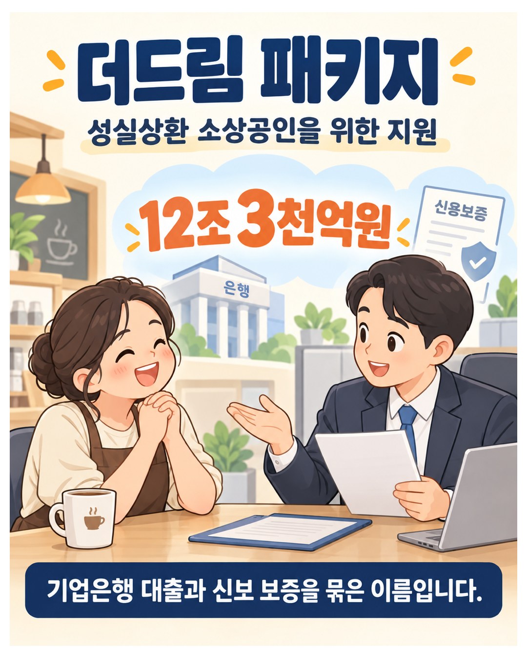 더드림 패키지 — 성실상환 소상공인을 위한 지원 12조 3천억원. 기업은행 대출과 신보 보증을 묶은 이름