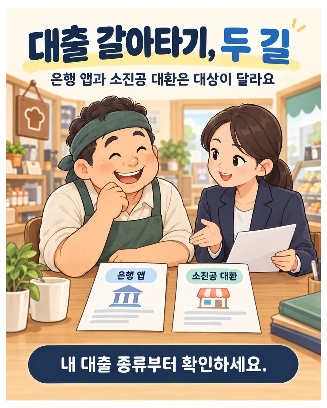 대출 갈아타기, 두 길 — 은행 앱과 소진공 대환은 대상이 다름. 두 길을 나란히 놓고 내 대출 종류부터 확인