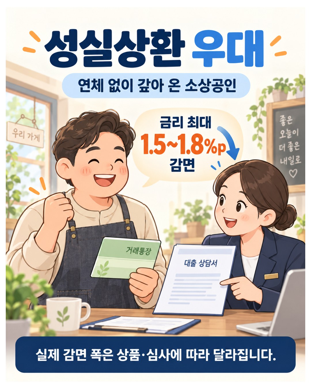 성실상환 우대 — 연체 없이 갚아 온 소상공인 금리 최대 1.5~1.8%p 감면. 실제 감면 폭은 상품·심사에 따라 다름