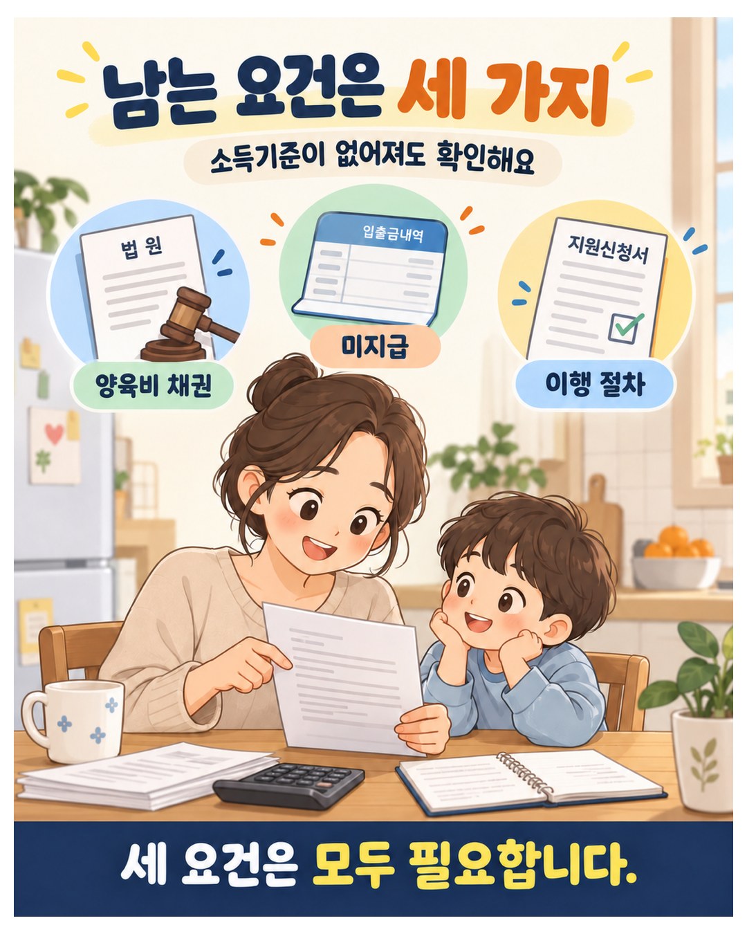 남는 요건은 세 가지 — 소득기준이 없어져도 양육비 채권, 미지급, 이행 절차를 확인. 세 요건은 모두 필요