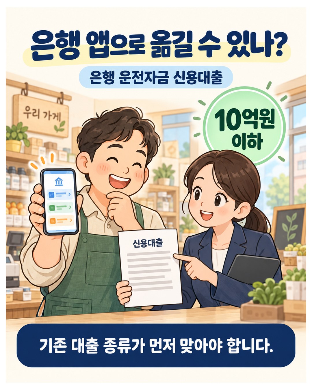 은행 앱으로 옮길 수 있나 — 대상은 은행 운전자금 신용대출 10억원 이하. 기존 대출 종류가 먼저 맞아야 함