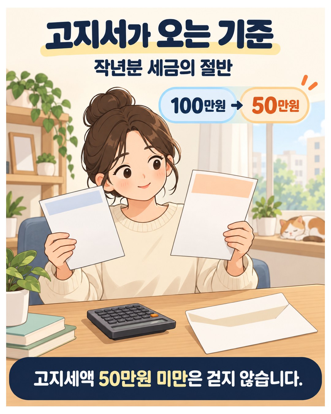 고지서가 오는 기준 — 작년분 세금의 절반. 기준액 100만원이면 고지 50만원, 고지세액 50만원 미만은 걷지 않음
