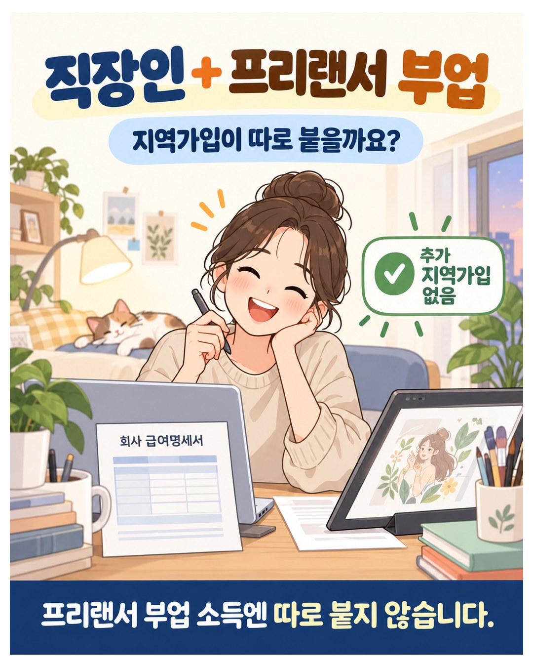 직장인 + 프리랜서 부업 — 추가 지역가입 없음, 프리랜서 부업 소득엔 따로 붙지 않음