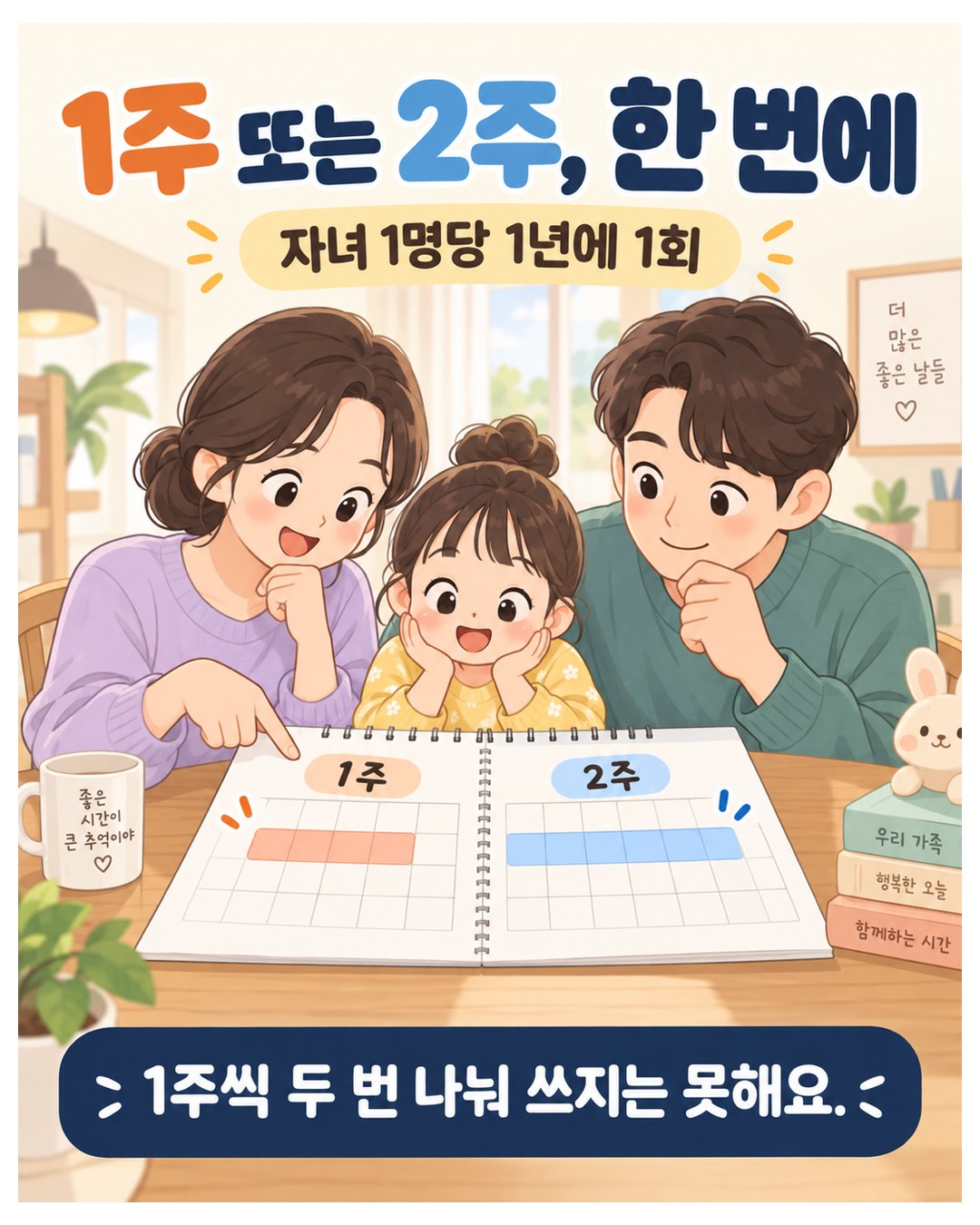 1주 또는 2주를 한 번에 — 자녀 1명당 1년에 1회, 1주씩 두 번 나눠 쓰지는 못함