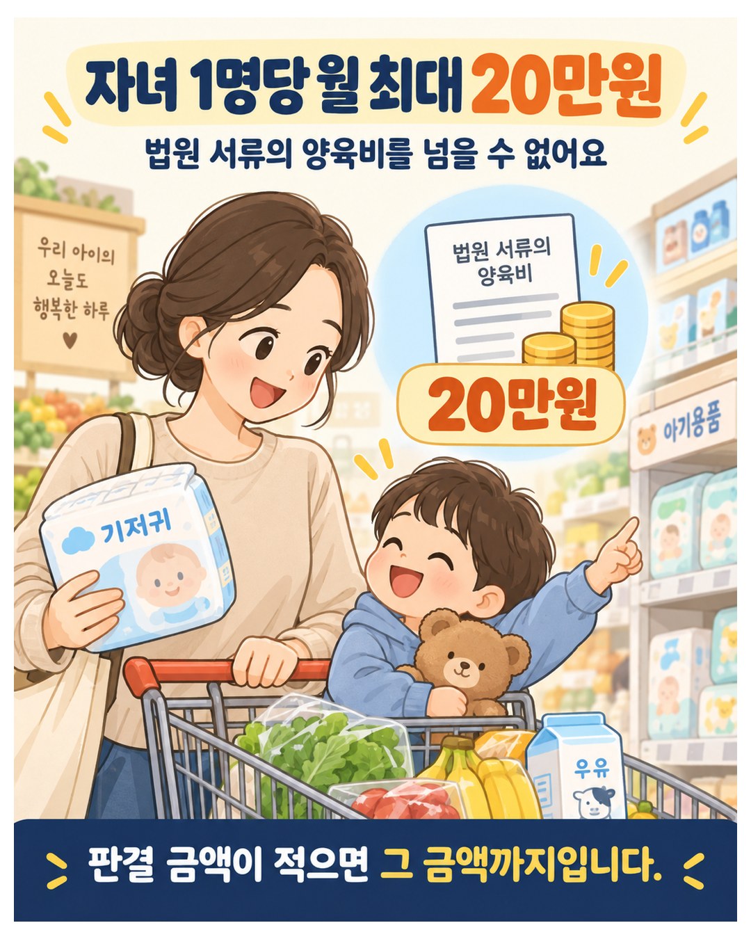 자녀 1명당 월 최대 20만원 — 법원 서류의 양육비를 넘을 수 없음. 판결 금액이 20만원보다 적으면 그 금액까지