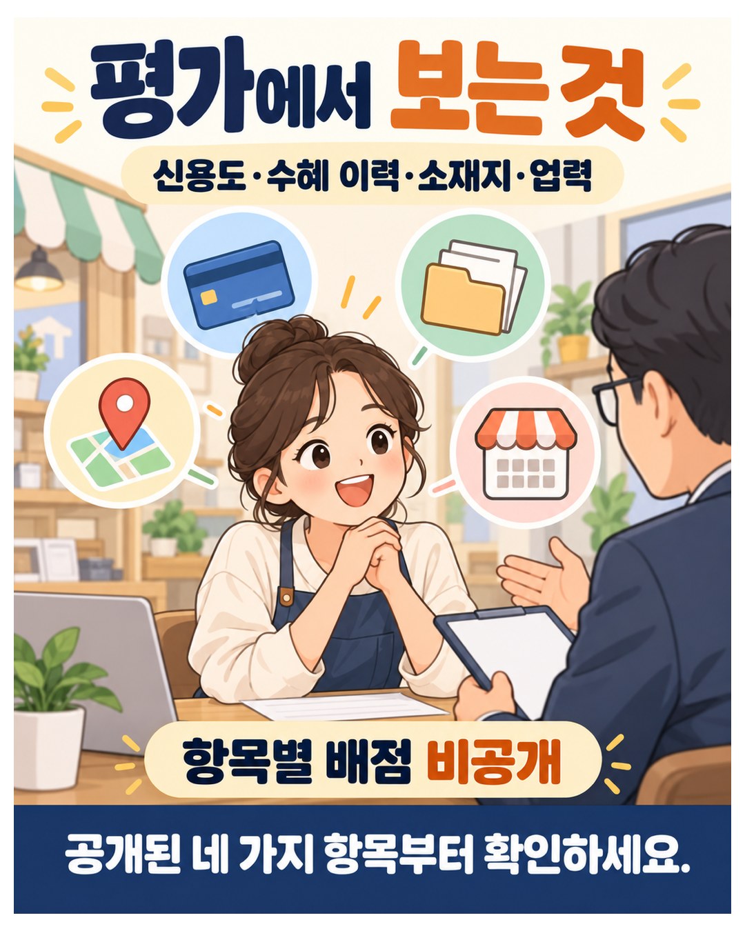 평가에서 보는 것 — 신용도·수혜 이력·소재지·업력 네 가지, 항목별 배점은 비공개