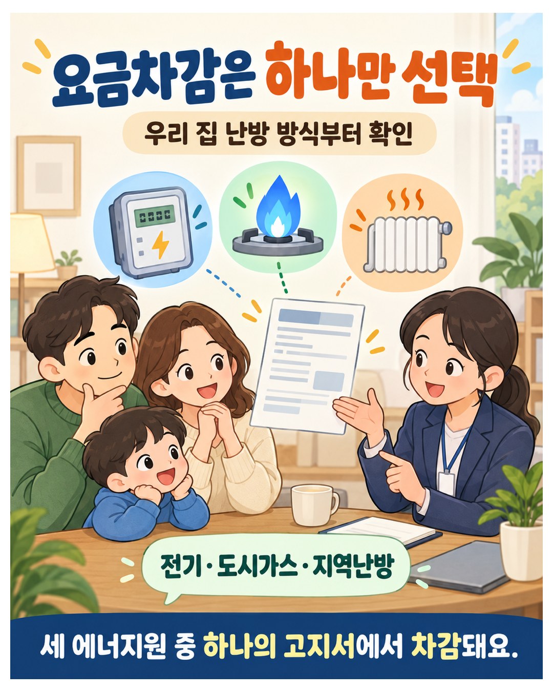 요금차감은 하나만 선택 — 전기·도시가스·지역난방 세 에너지원 중 하나의 고지서에서 차감. 우리 집 난방 방식부터 확인