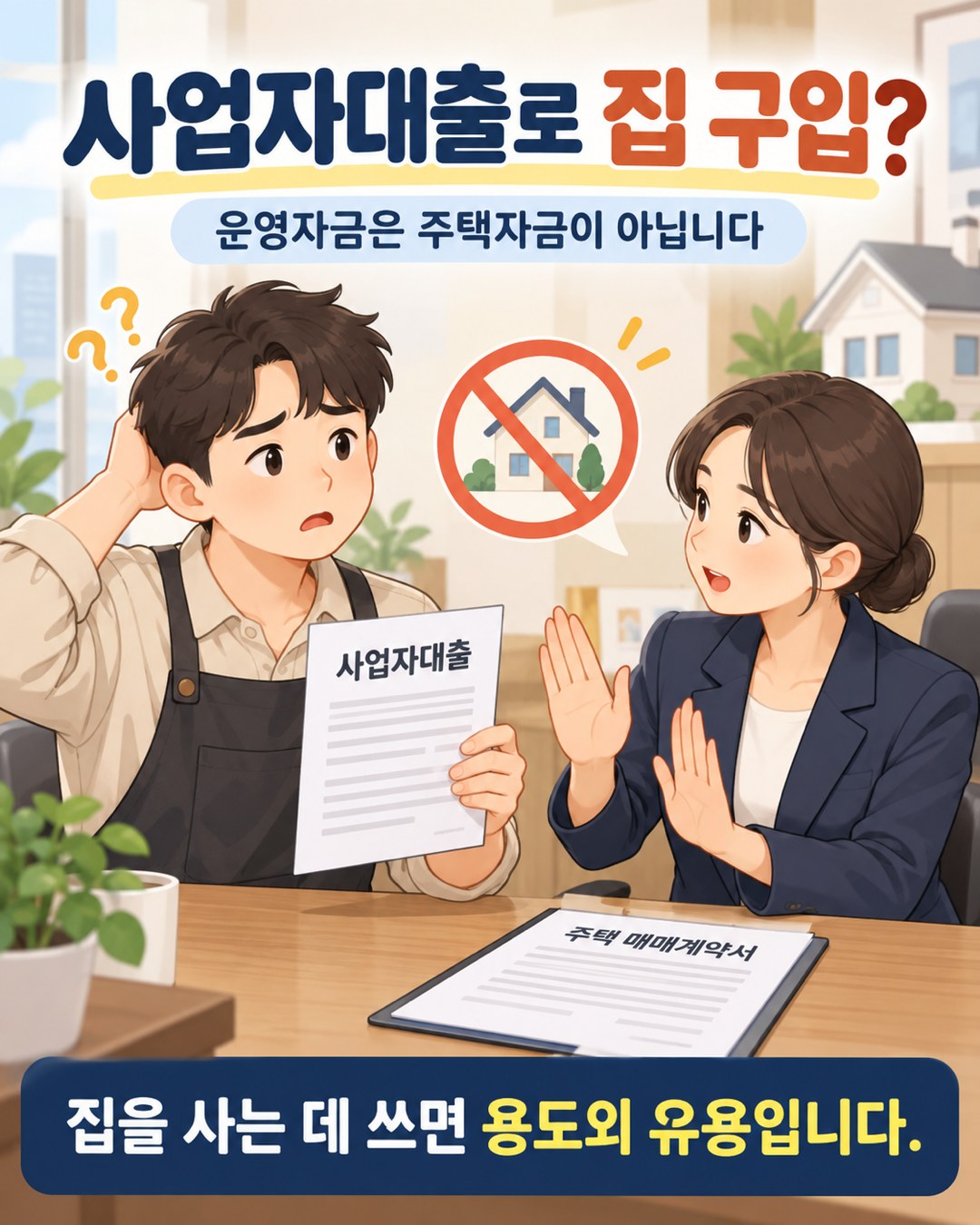 부동산 사무실에서 사업자대출로 집을 살 수 없는 이유를 확인하는 장면