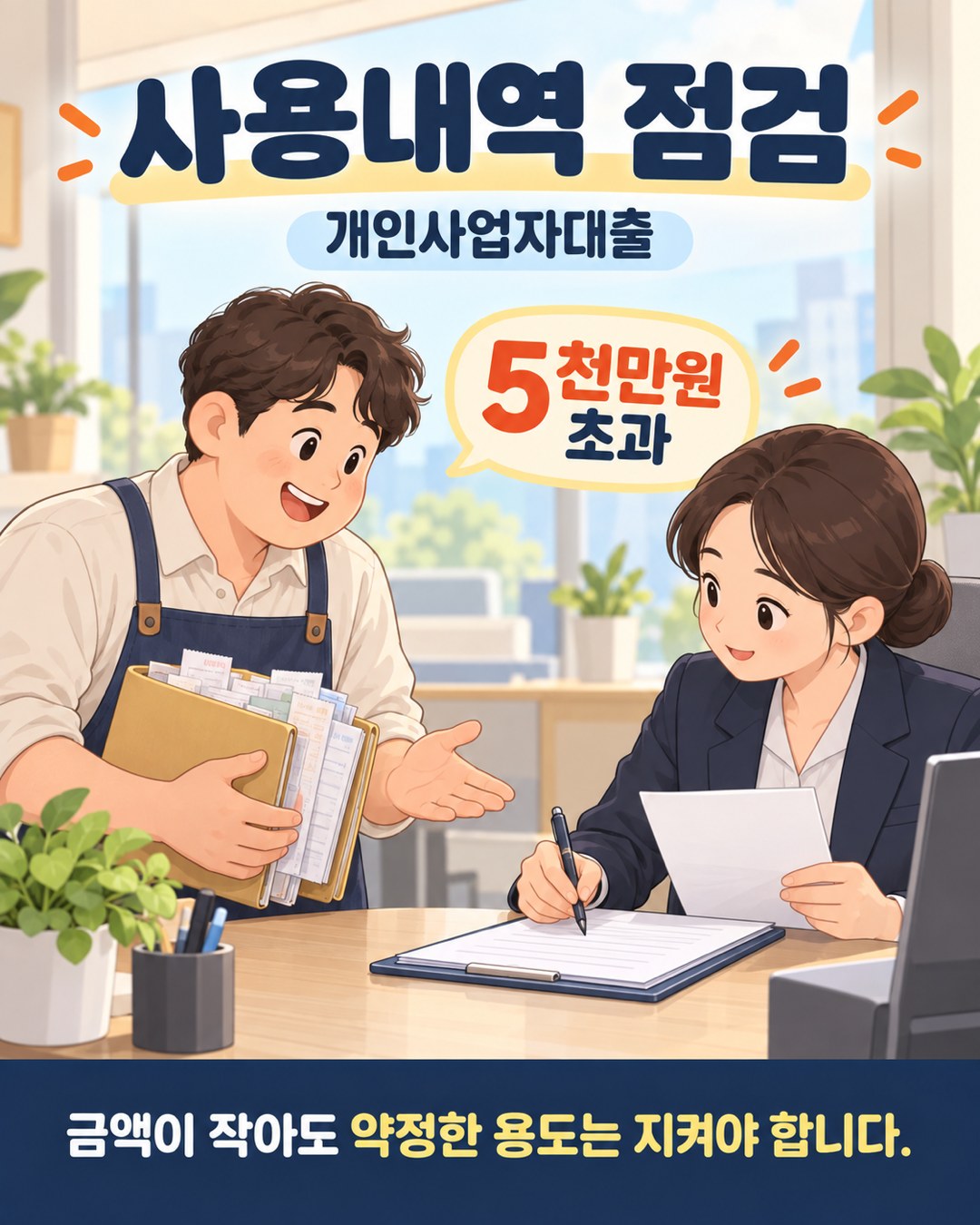 가게 운영자가 은행에 영수증과 사용내역을 제출하는 장면 — 개인사업자대출 5천만원 초과 점검