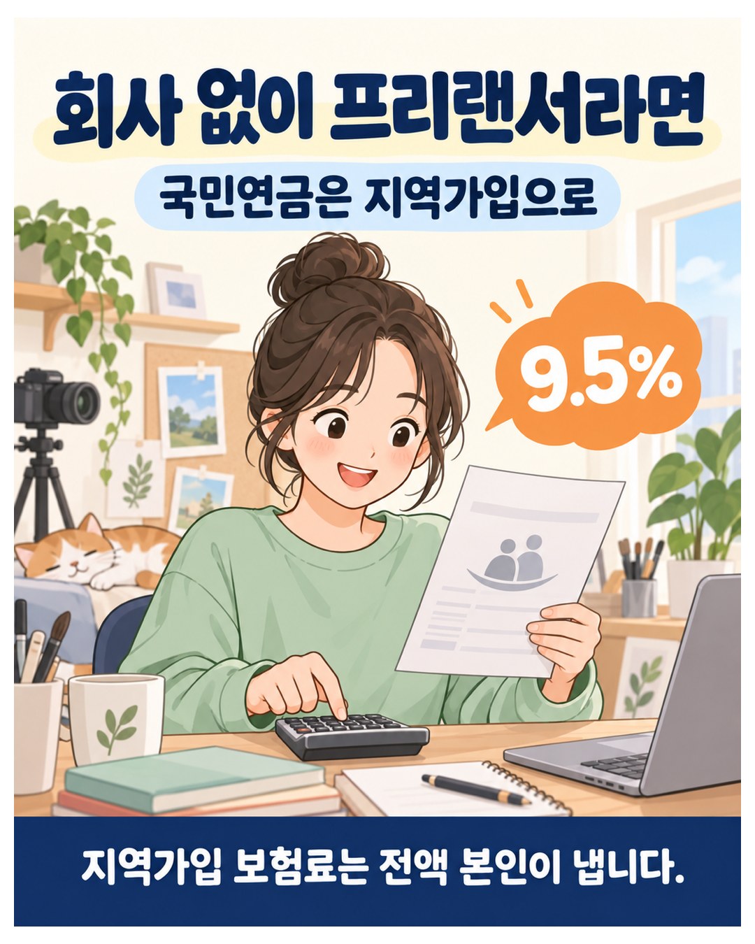회사 없이 프리랜서라면 국민연금은 지역가입 — 보험료율 9.5%, 지역가입 보험료는 전액 본인이 냄