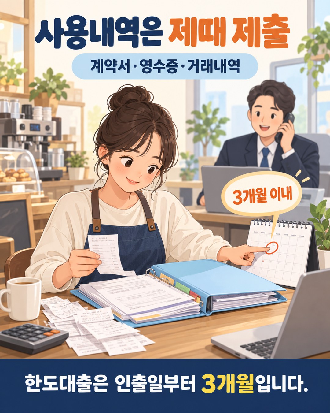 달력과 영수증을 보며 사용내역 제출 기한을 챙기는 사업자 — 대출 후 3개월 이내