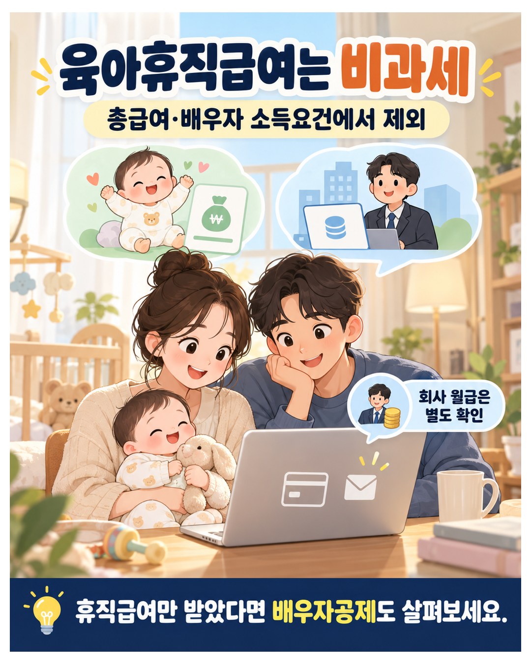 육아휴직급여는 비과세 — 총급여와 배우자 소득요건에서 제외, 회사 월급은 별도 확인. 휴직급여만 받았다면 배우자공제도 확인