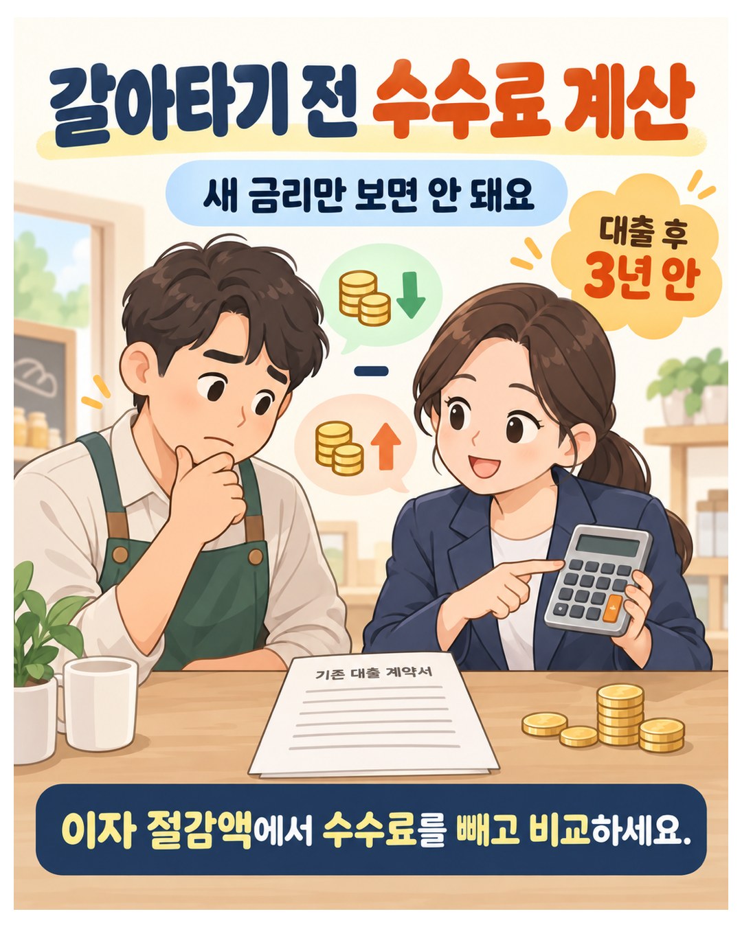 갈아타기 전 수수료 계산 — 새 금리만 보면 안 됨. 대출 후 3년 안이면 중도상환수수료, 이자 절감액에서 수수료를 빼고 비교