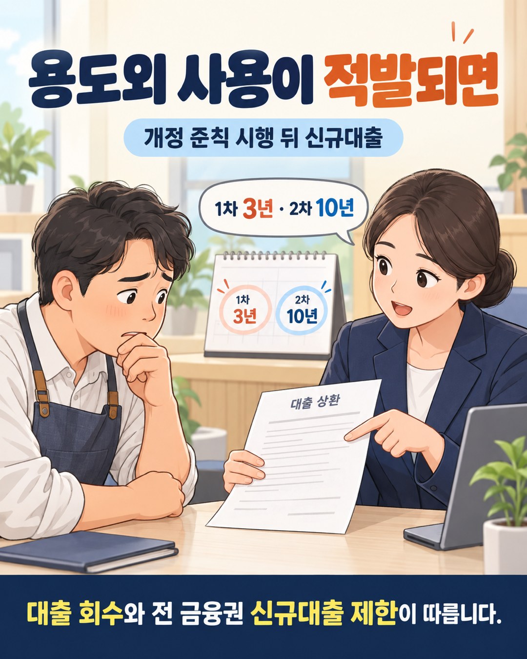 은행에서 용도외 유용 적발 시 회수와 신규대출 제한을 설명받는 장면 — 1차 3년·2차 10년