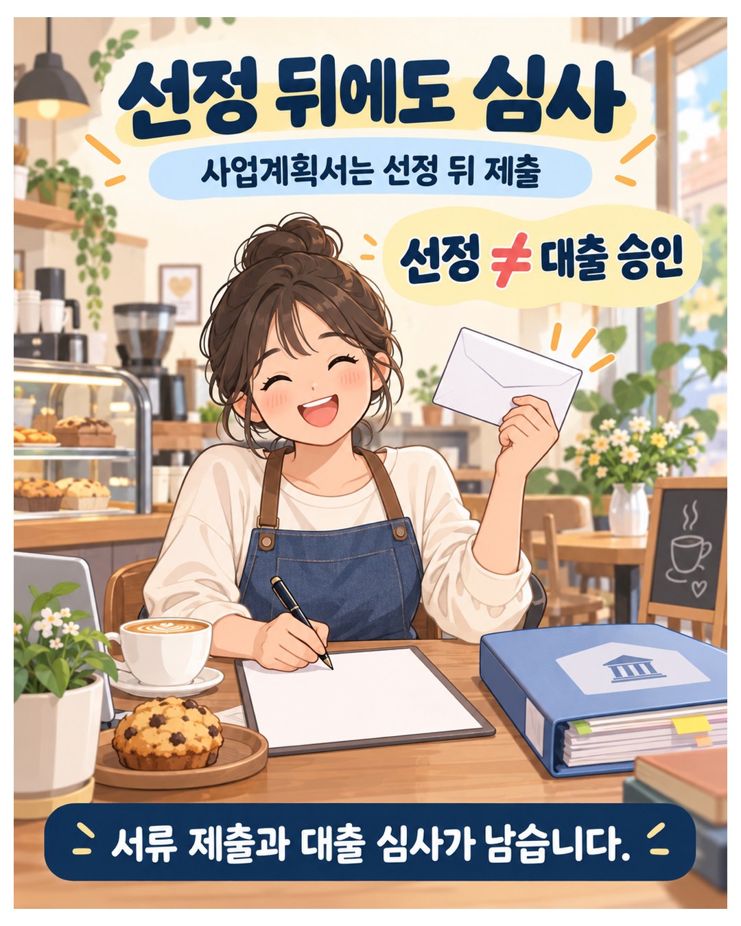 선정 뒤에도 심사 — 사업계획서는 선정 뒤 제출, 선정은 대출 승인이 아님. 서류 제출과 대출 심사가 남음