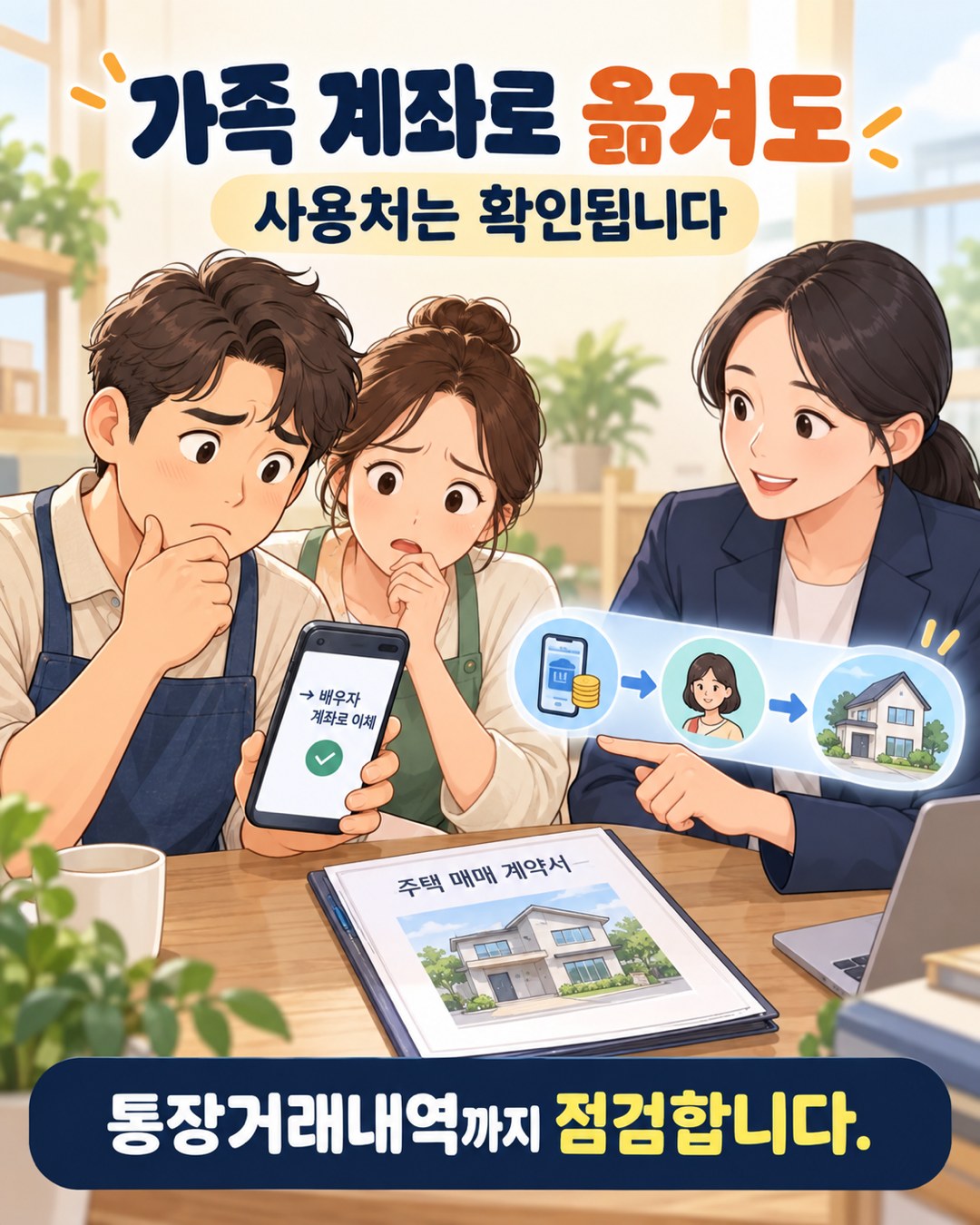 배우자 계좌 송금 내역과 주택 계약서를 함께 확인하는 장면 — 가족 계좌로 옮겨도 사용처를 점검