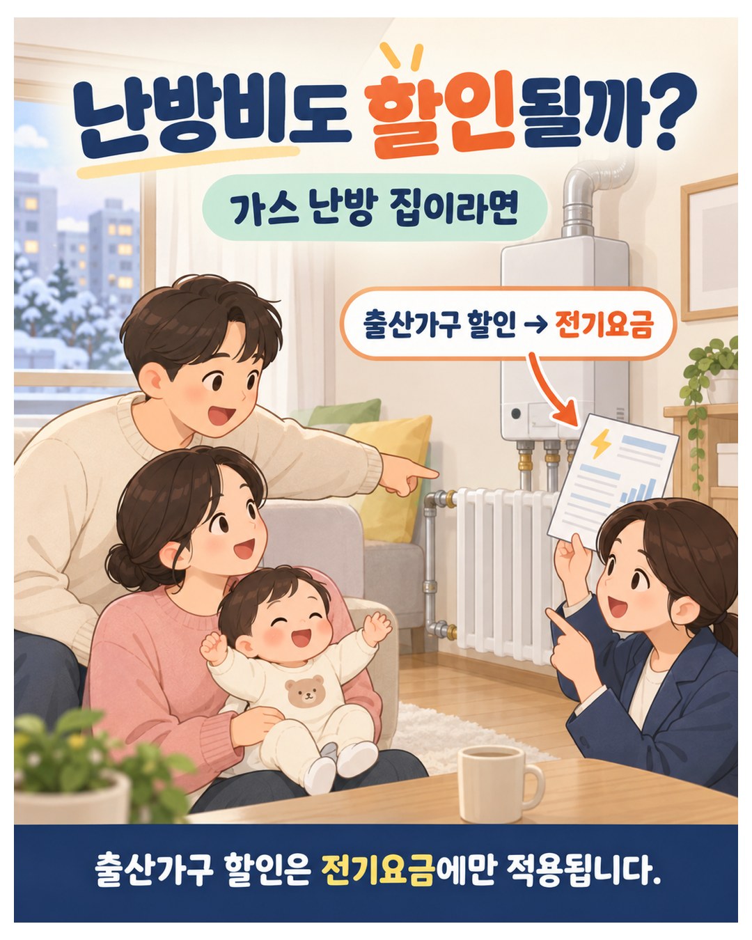 난방비도 할인될까? 가스 난방 집이라면 — 출산가구 할인은 전기요금에만 적용되고 가스 난방비는 줄지 않음