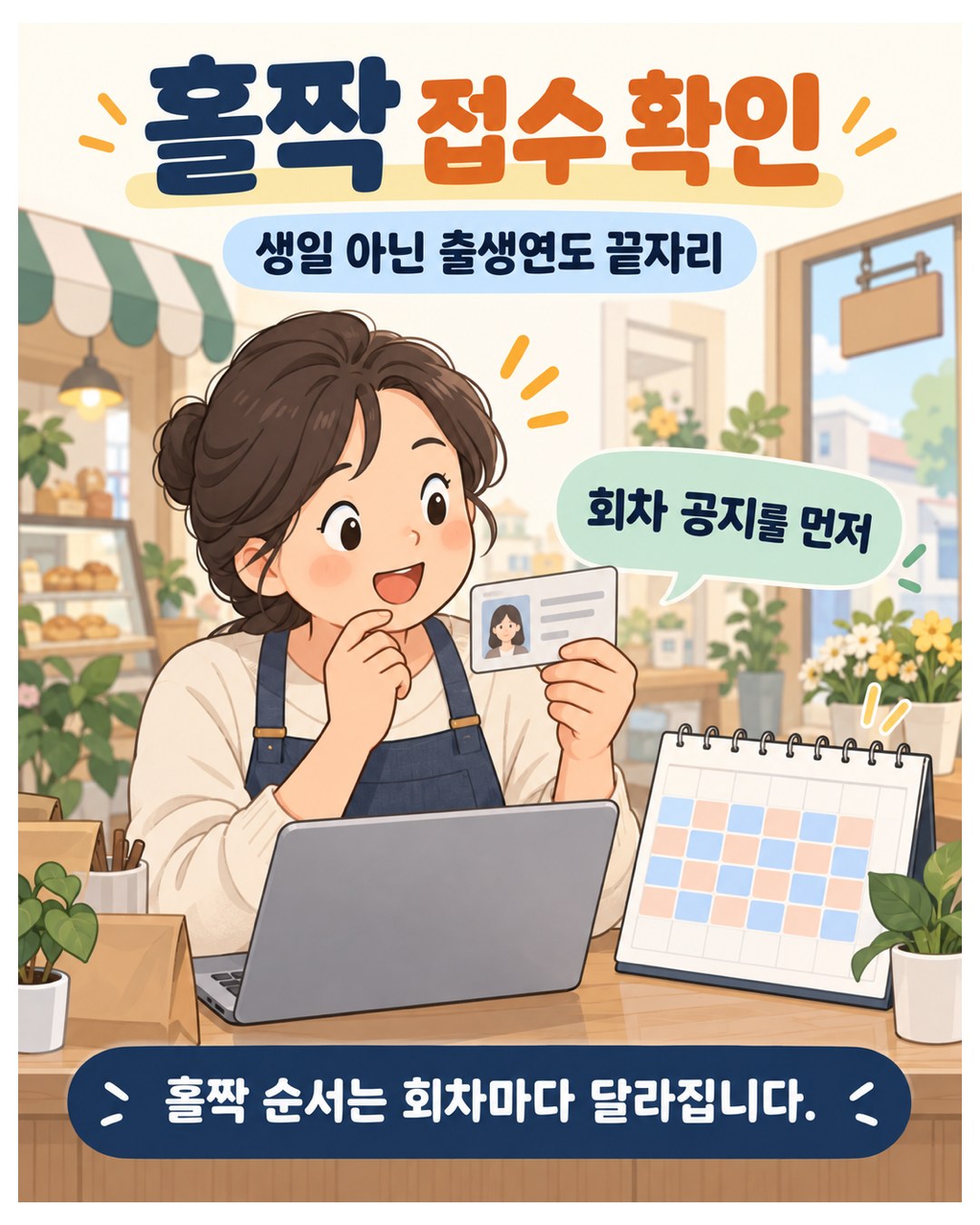 홀짝 접수 확인 — 생일이 아닌 대표자 출생연도 끝자리로 날짜를 나눔. 홀짝 순서는 회차마다 달라지니 회차 공지를 먼저 확인