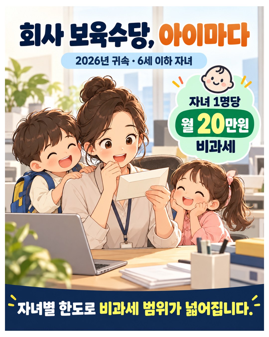 회사 보육수당, 아이마다 — 2026년 귀속, 6세 이하 자녀 1명당 월 20만원 비과세. 자녀별 한도로 비과세 범위가 넓어짐