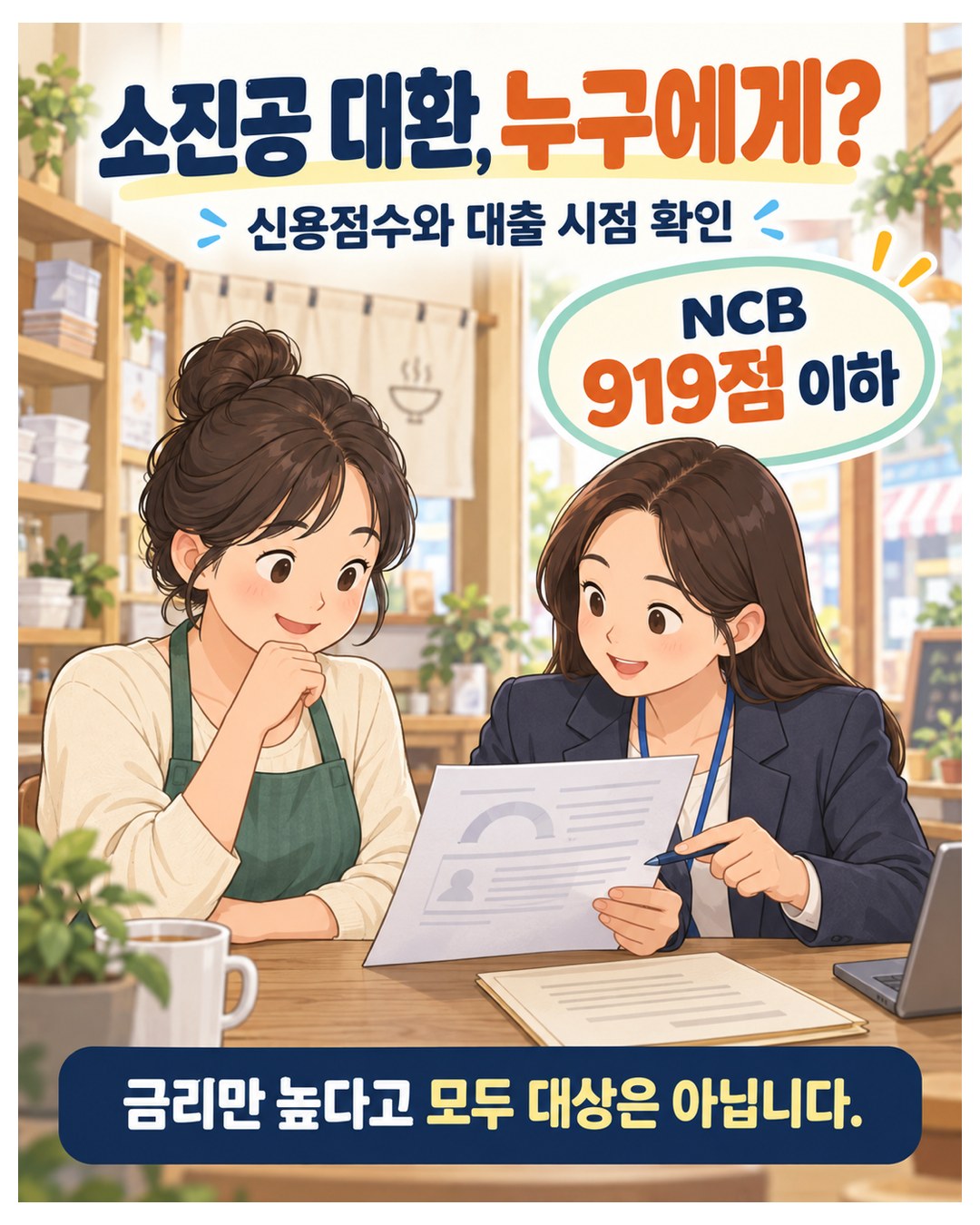 소진공 대환, 누구에게 — 신용점수와 대출 시점 확인, NCB 919점 이하. 금리만 높다고 모두 대상은 아님