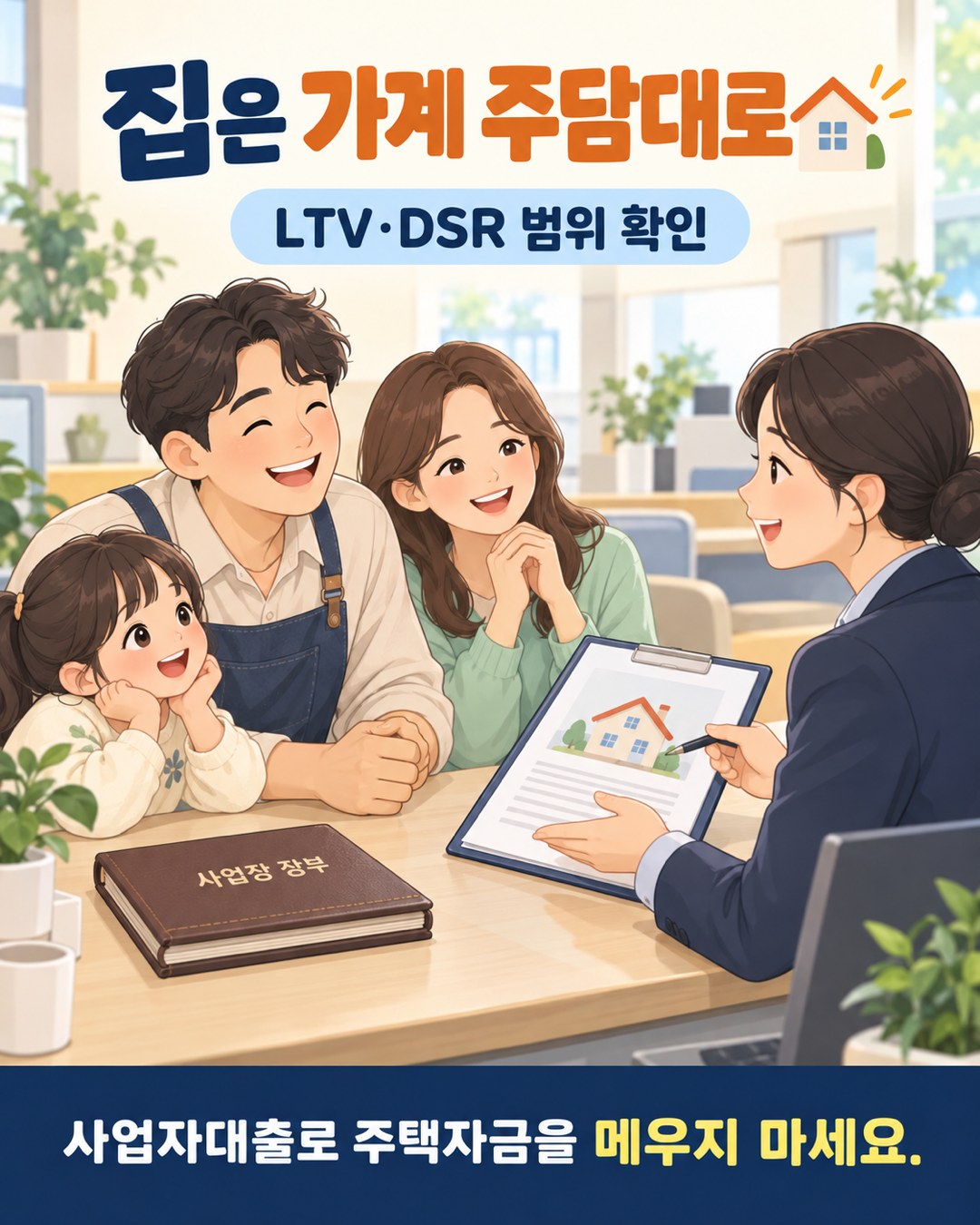 가족이 은행에서 주택 구입용 가계 주담대를 상담하는 장면 — LTV·DSR 범위 확인