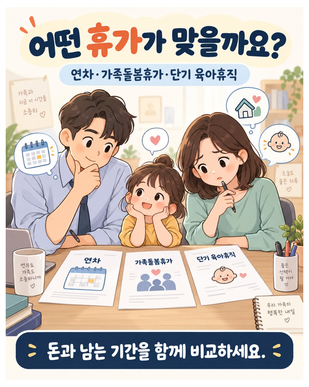 어떤 휴가가 맞을까 — 연차·가족돌봄휴가·단기 육아휴직, 돈과 남는 기간을 함께 비교