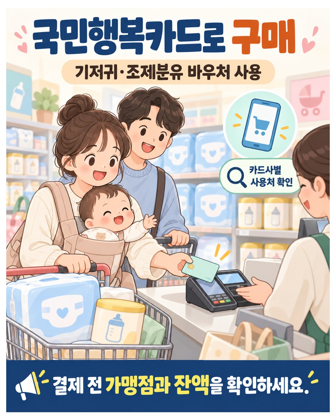 국민행복카드로 구매 — 기저귀·조제분유 바우처 사용. 카드사별 사용처가 다르니 결제 전 가맹점과 잔액을 확인
