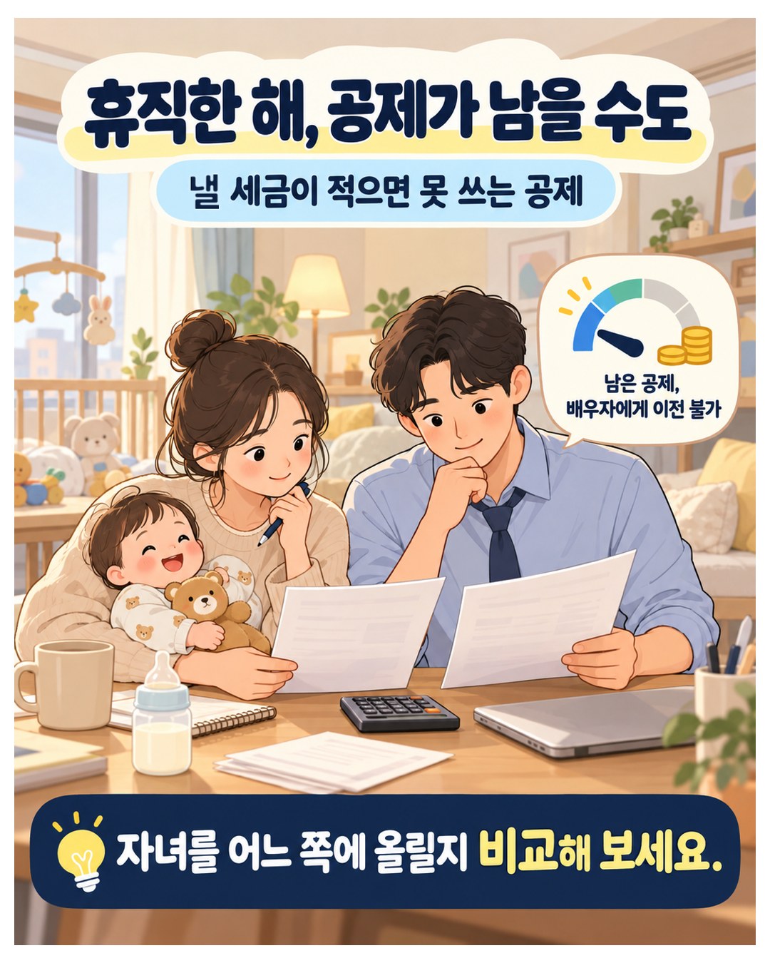 휴직한 해, 공제가 남을 수도 — 낼 세금이 적으면 못 쓰는 공제, 남은 공제는 배우자에게 이전 불가. 자녀를 어느 쪽에 올릴지 비교